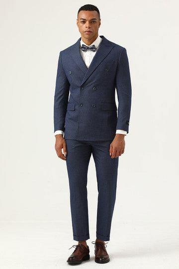 Azul Escuro Duplo Peito Listras Ternos Masculinos